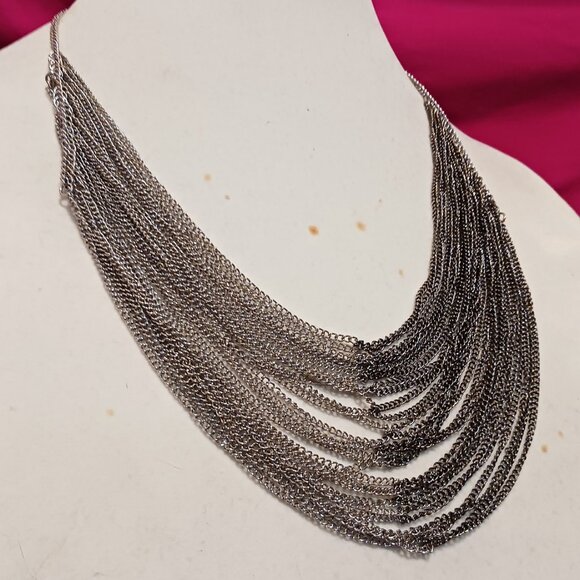 Handmade Two Tone Multi Layer Silver and Gunmetal Cascade Chain Necklace - Picture 3 of 8